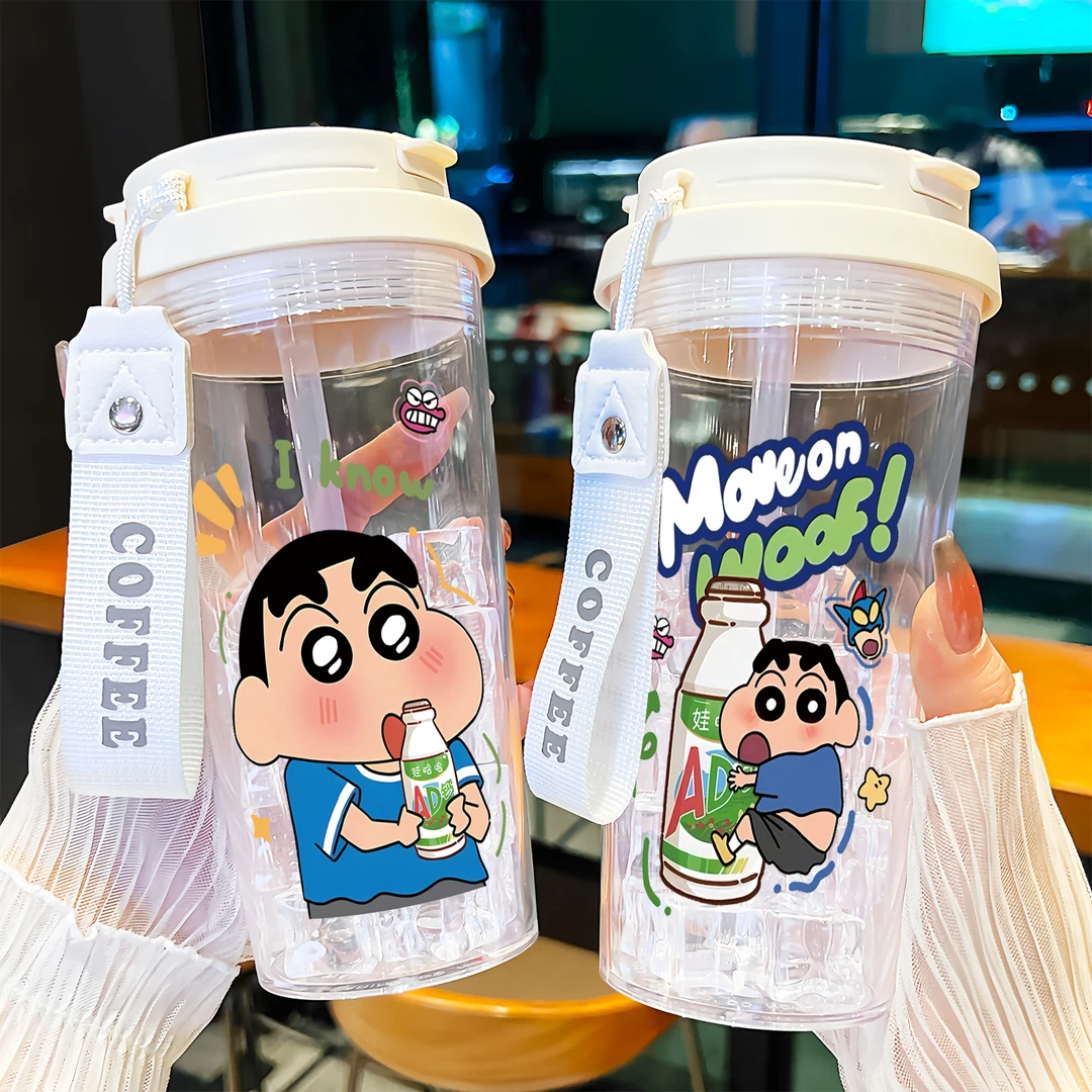 可爱小新夏季大容量水杯新款运动便携男女学生塑料防摔双饮杯子