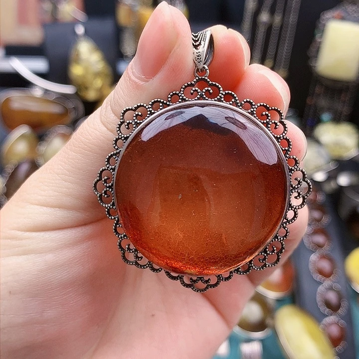 琥珀裸石银S925镶嵌坠