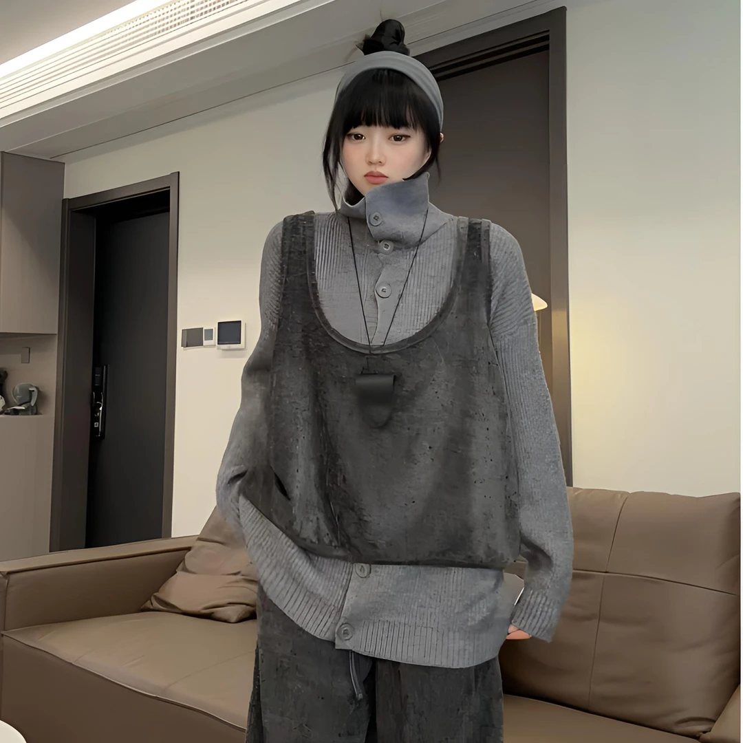 倪不叶【雪尼尔黑灰静奢套装】时尚百搭复古宽松通勤