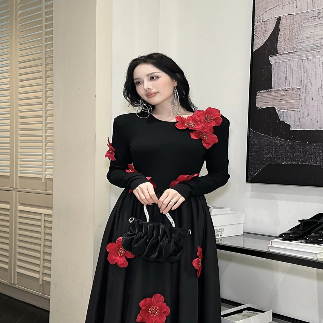 秋冬早秋高腰长袖常规袖包臀玫瑰花裙长裙时尚显瘦