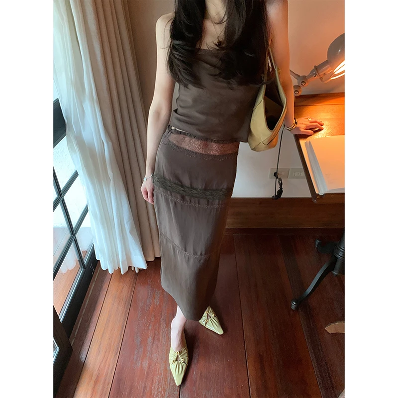 ASM ANNA柔滑莱赛尔 蕾丝拼接斜裁吊带+半裙套装女A253ATZ049-BX