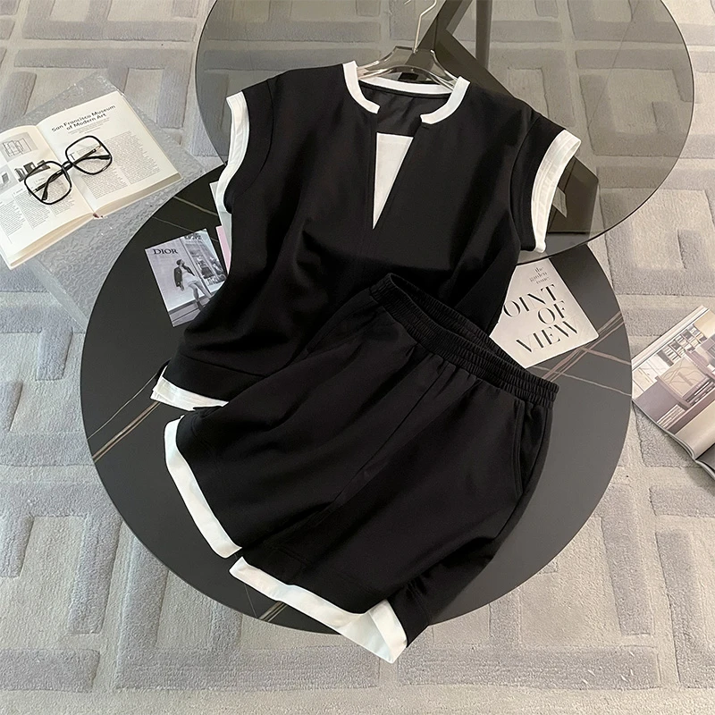 个性简约夏季新款套装女高级感时尚洋气拼接短袖短裤显瘦两件套潮