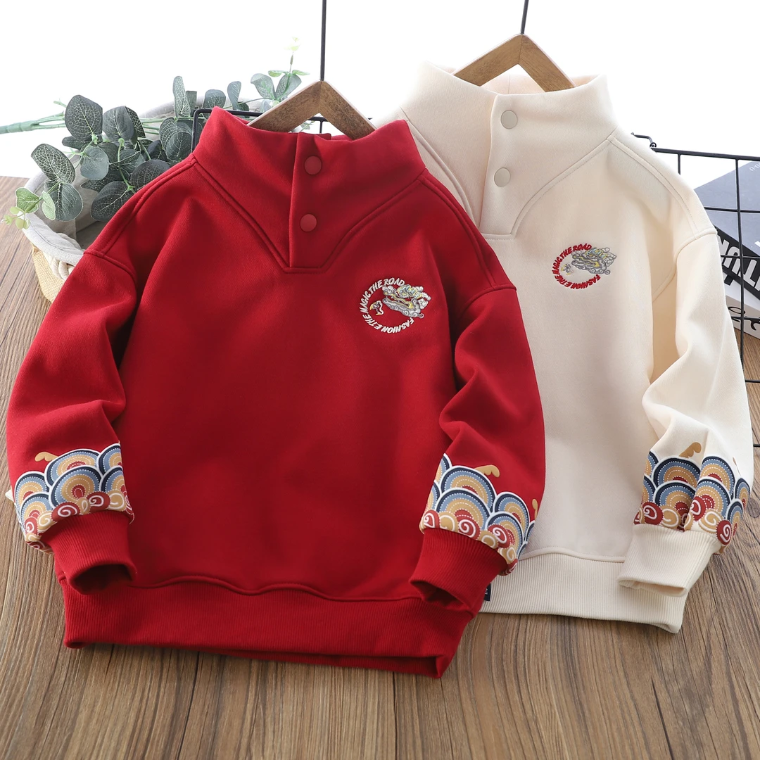 2024新款冬季加厚加绒男女童新年红新年立领卫衣中大童洋气拜年服