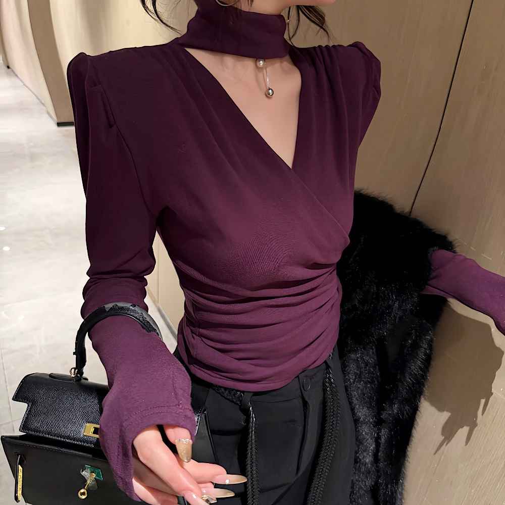 【钻石店铺优选】秋冬新款时尚韩系百搭小高领前交叉V领加绒上衣女