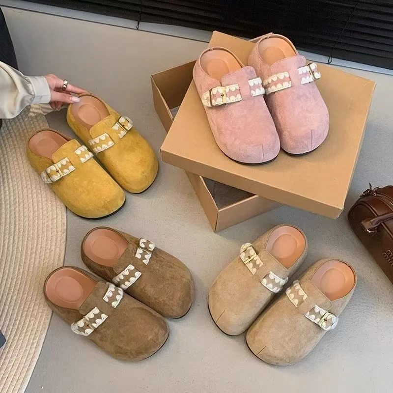 时尚百搭极简风勃肯鞋女设计感刺绣小个子拖鞋女增高包头半拖鞋女