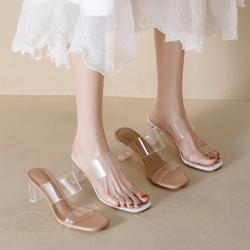 2025夏季真皮羊皮一字带露趾高跟凉鞋高跟鞋高跟鞋女不累脚高级感