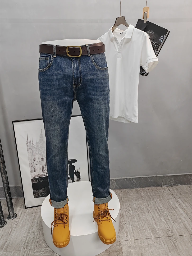 重磅时尚经典蓝小直筒修身百搭春秋季新款男士牛仔裤