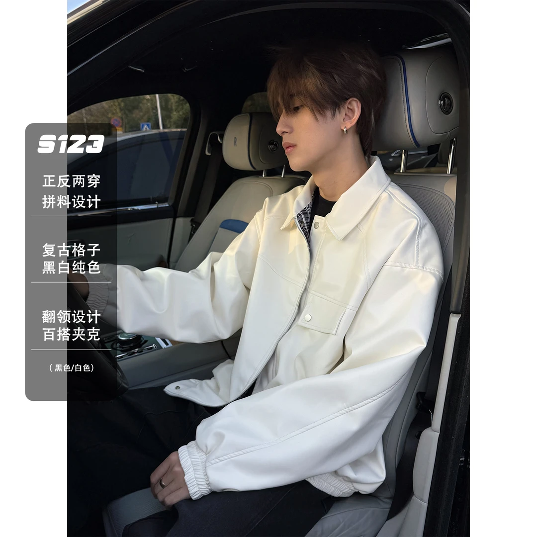 聪明陈春季新款正反两穿拼料夹克男复古百搭休闲撞色格子翻领外套