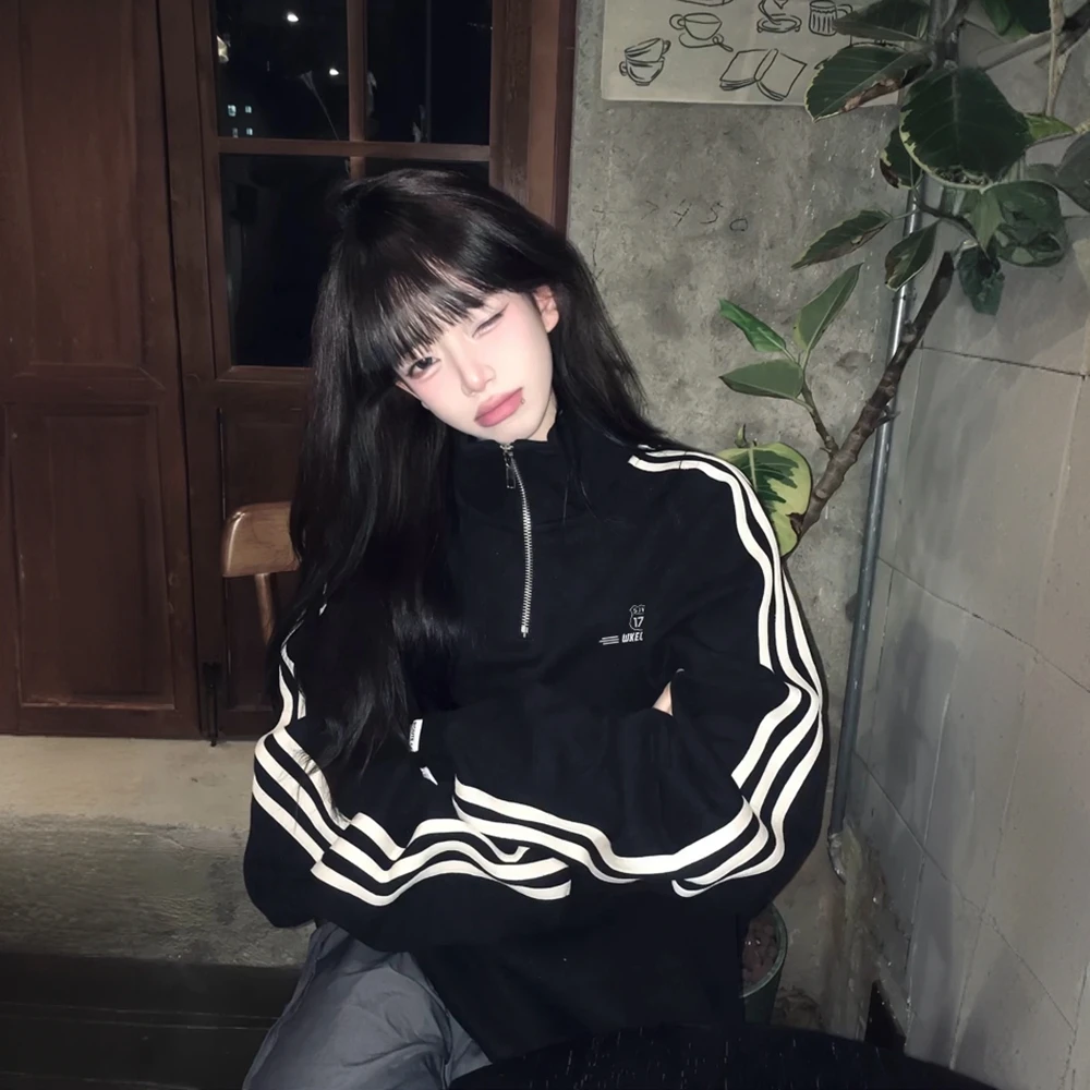 长袖复古运动休闲立领卫衣宽松秋冬加绒情侣百搭内搭加绒防晒上衣