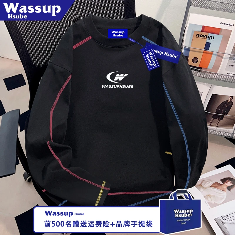 WASSUP HSUBE秋季男女款纯棉长袖ins拉线设计黑色上衣字母印花T恤