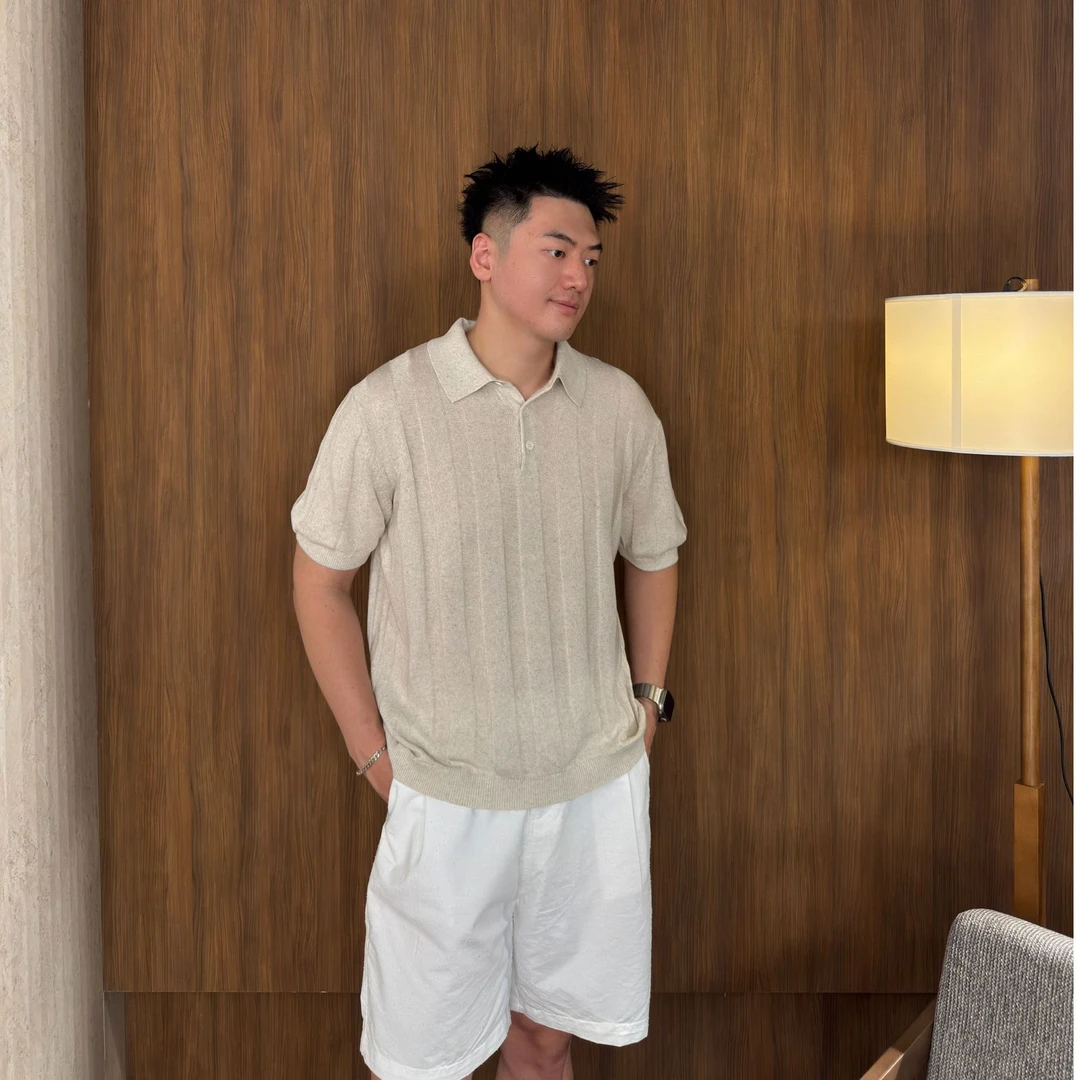 GLOWELL新款BC同款针织亚麻混纺半开襟短袖商务款休闲老钱风T恤