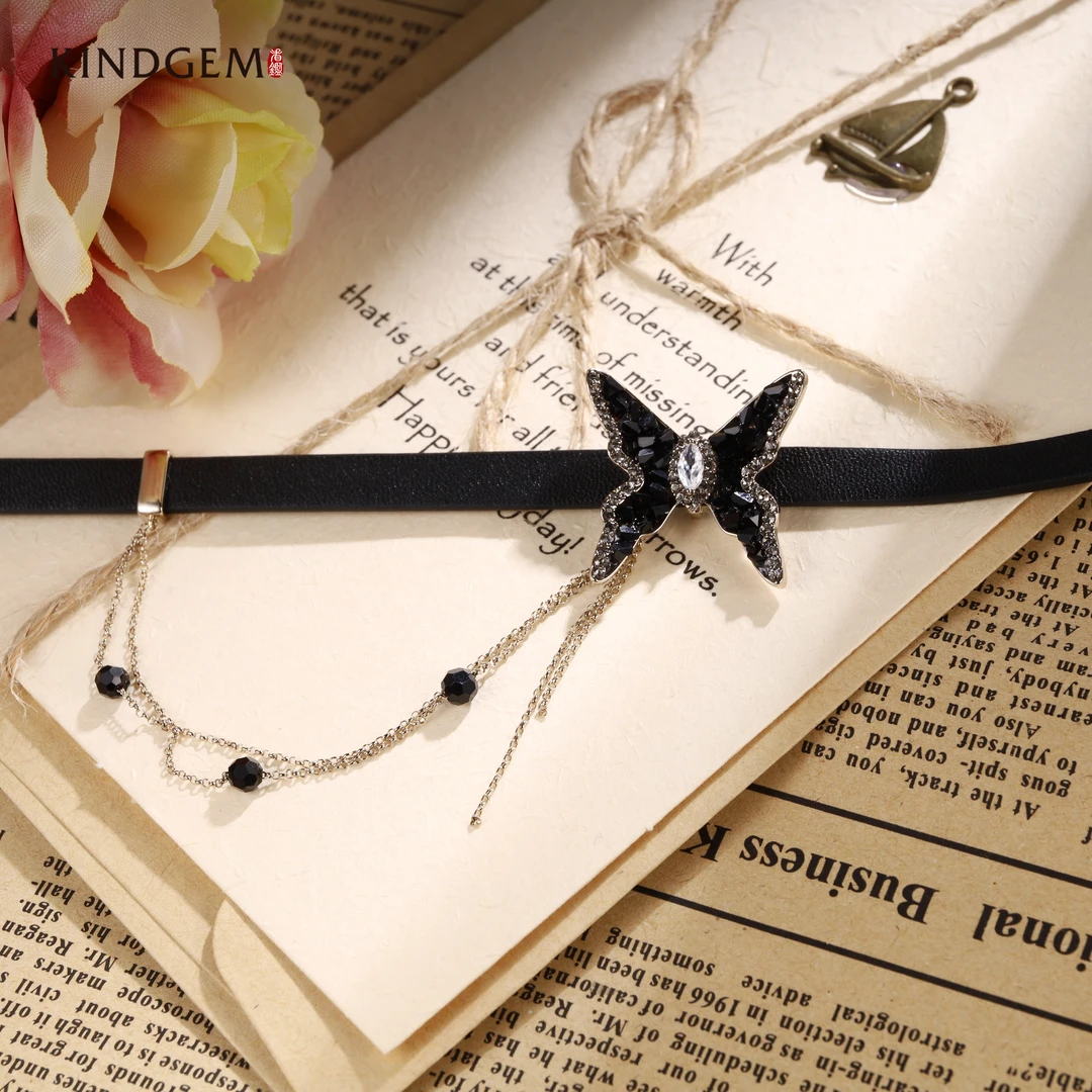 铜合金皮质项链 BY73XIPC-26090（40cm）黑色蝴蝶百搭轻奢气质项链