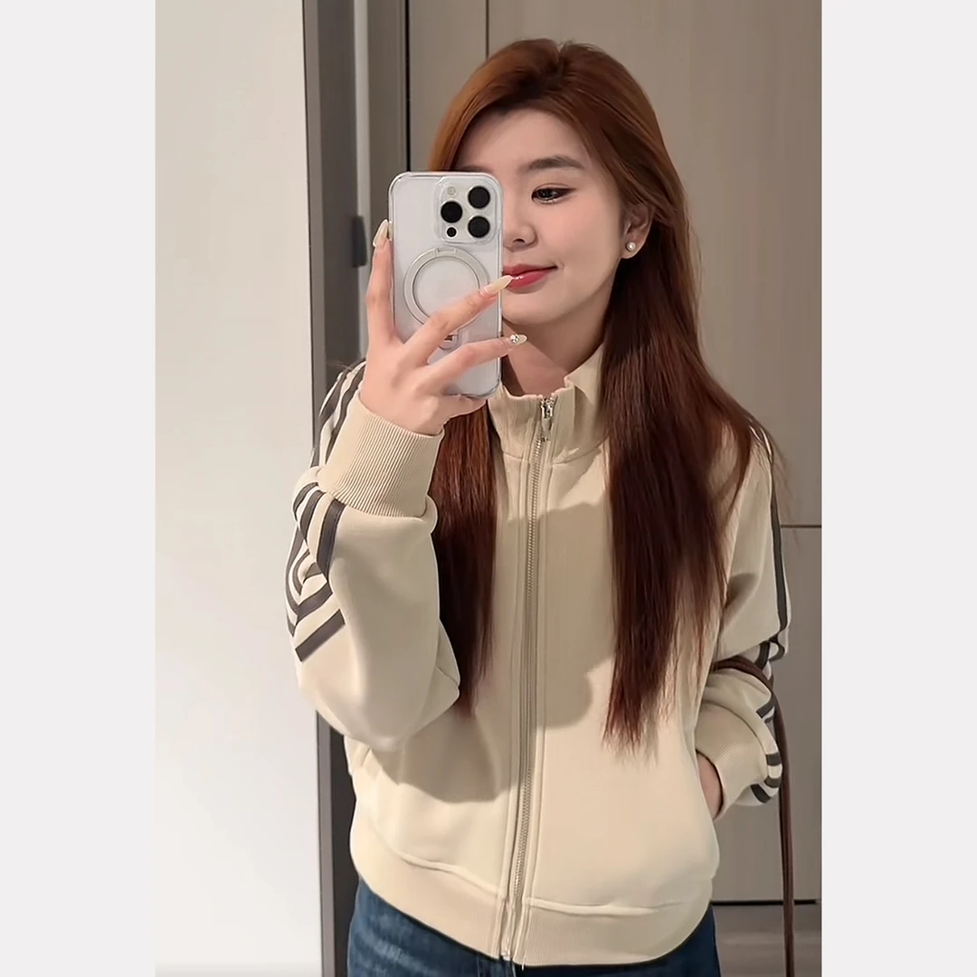 加绒立领卫衣女短款三条杠外套2025秋冬新款拉链上衣开衫小个子款