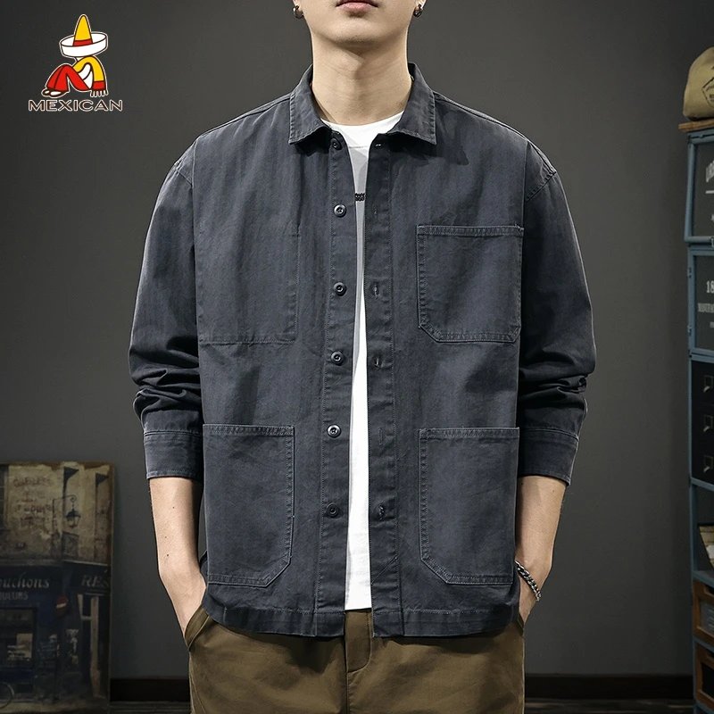 Mexican/稻草人美式复古纯棉工装衬衫男士春季宽松休闲长袖外套潮