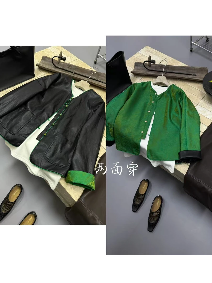 【山梵】设计师款双面穿拼接小羊皮外套通勤街头时尚风百搭个性女