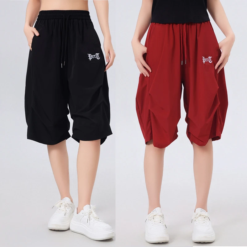 夏季新款广场舞宽松显瘦直筒休闲裤阔腿伞兵裤简约健身七分速干裤