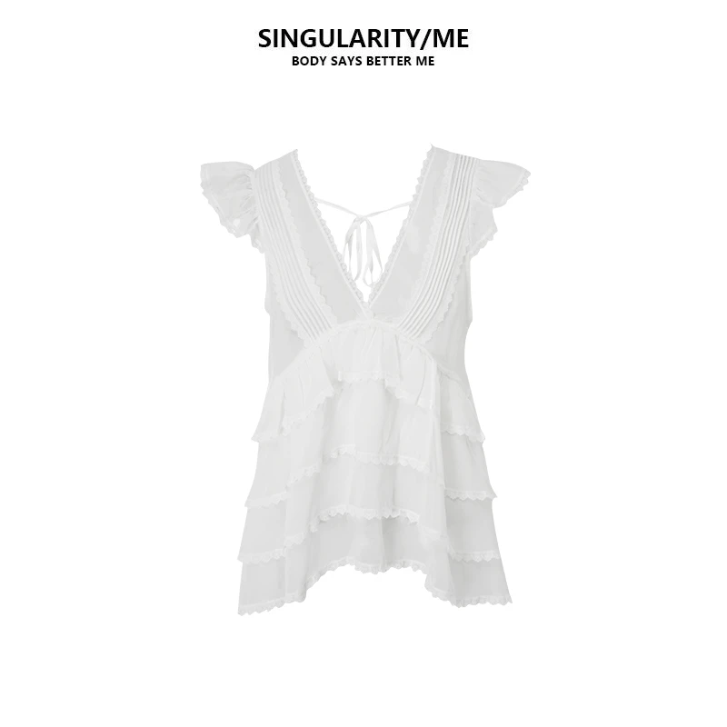 Singularity Me 5A 513008 法式双V领层次感花边温柔洋气上衣衬衫
