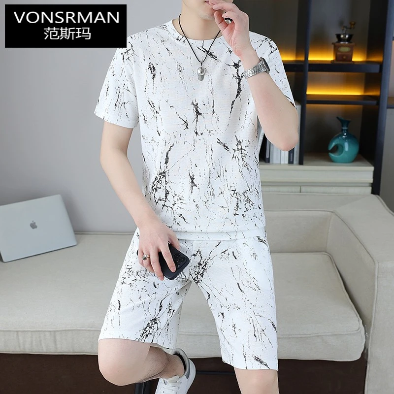 夏季新款男士短袖t恤短裤套装冰丝高级感帅气宽松休闲一套衣服