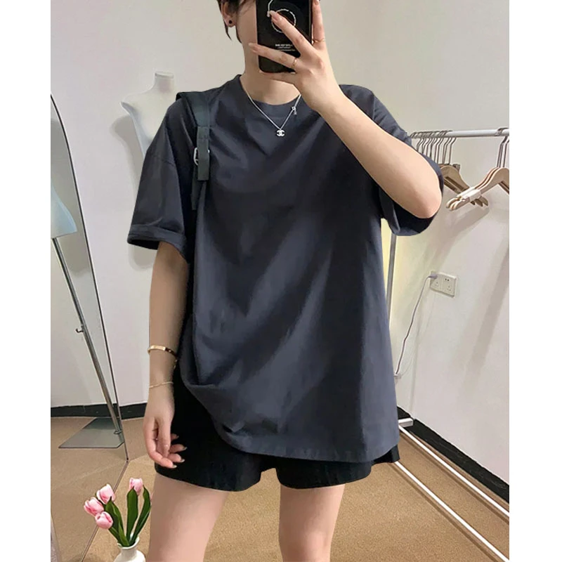 大码200斤休闲简约风韩系圆领正肩纯色宽松短袖t恤女遮肚显瘦上衣
