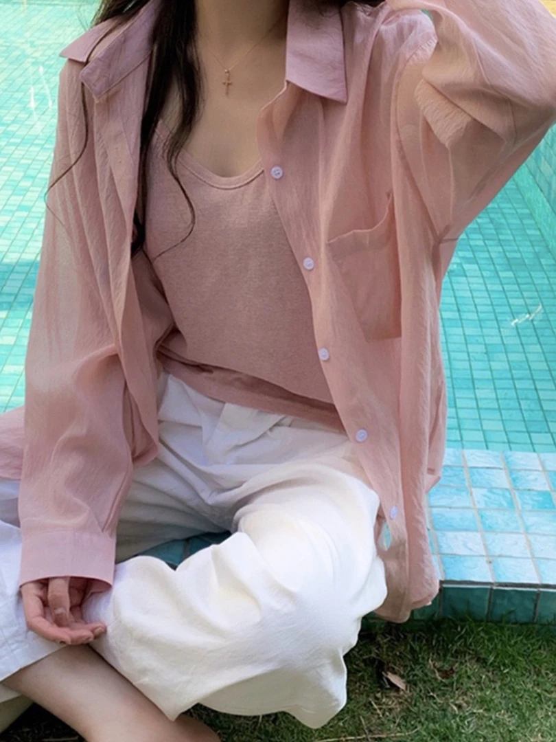【醋酸】夏季外搭薄款防晒衬衫女 巨好看的醋酸上衣 宽松慵懒风开衫