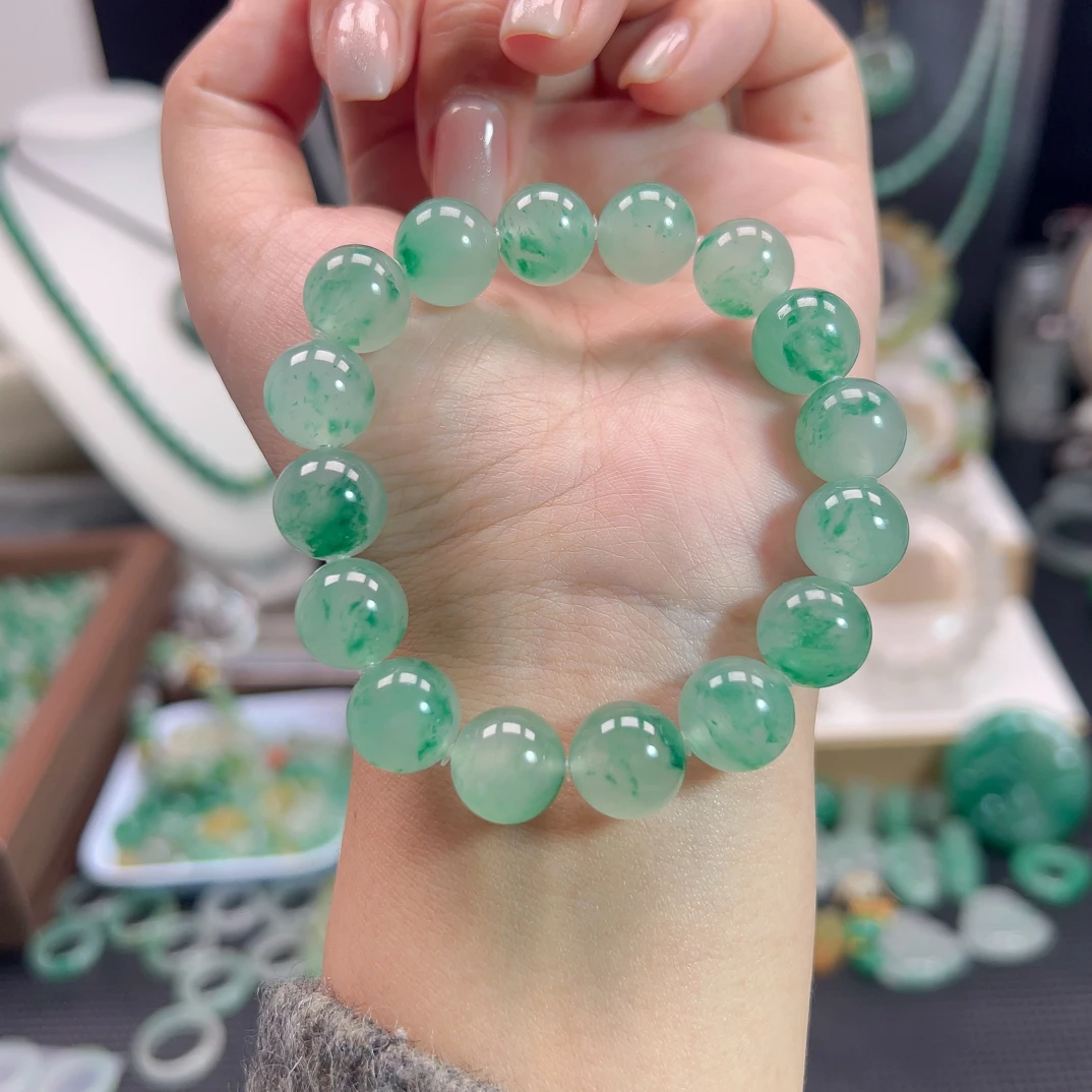 天然石英质玉石非洲翠冰种飘花圆珠精美手串