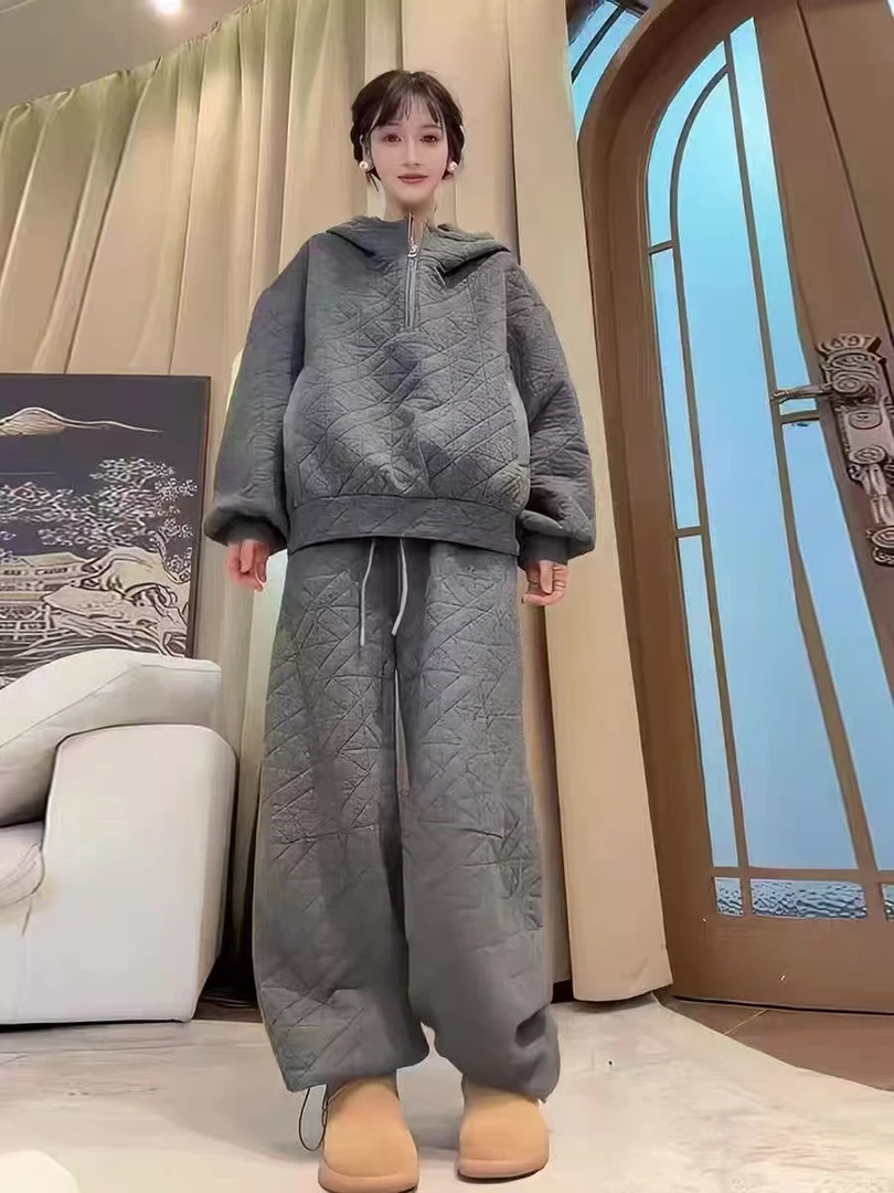 2025年秋冬季夹棉连帽上衣裤子宽松遮肉两件套
