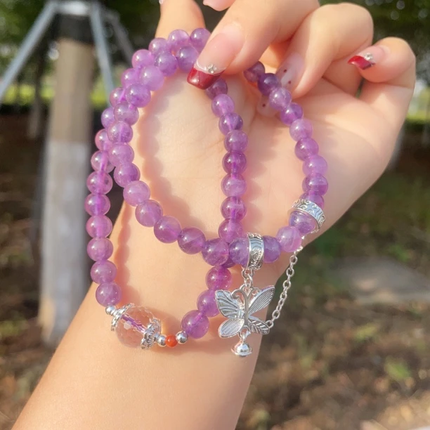 天然紫水晶手链7mm 原创设计紫水晶手串 双圈节日礼物新店福利