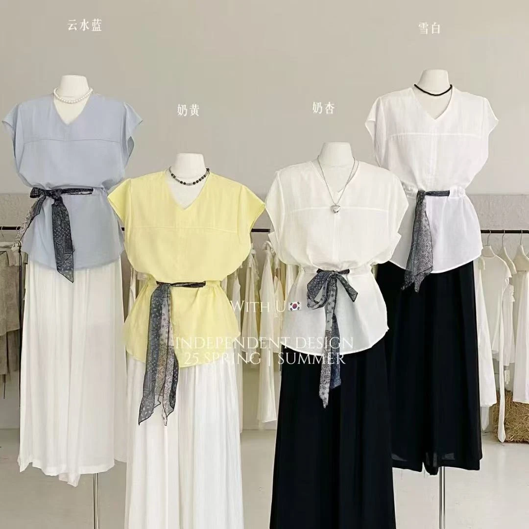 2025拼接系带短袖夏季薄款花瓣袖衬衫收腰宽松学院风晕染