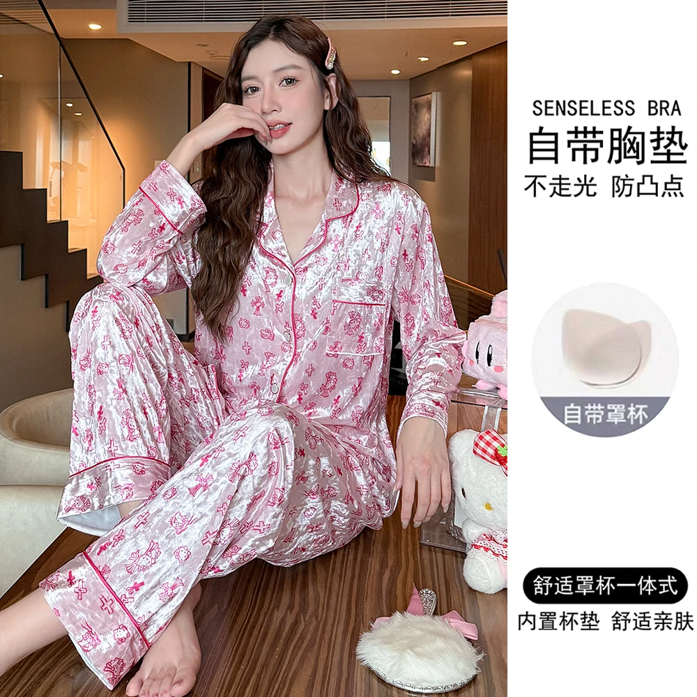 带胸垫2025年新款金丝绒睡衣女春秋季长袖可爱卡通秋冬家居服套装