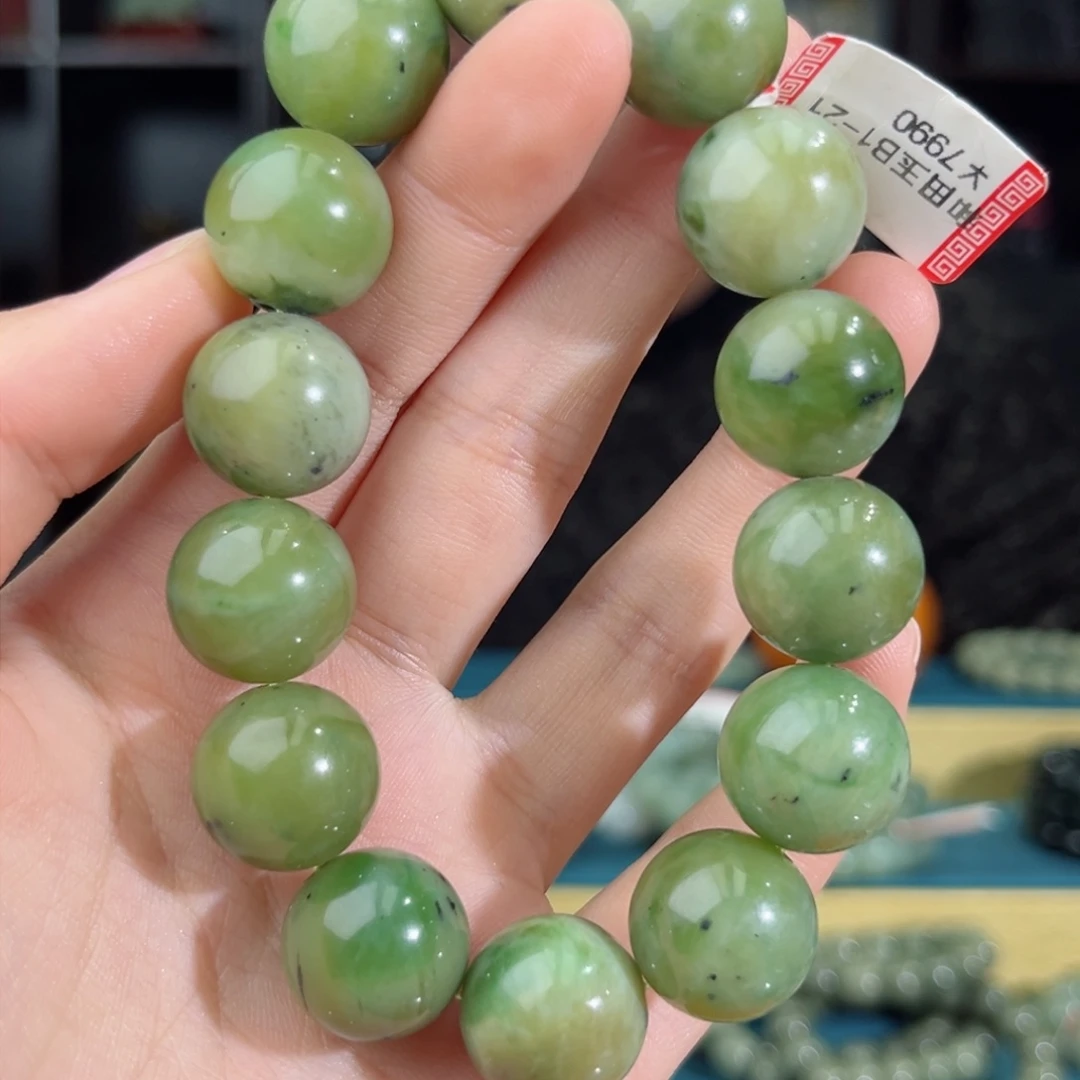 和田玉手链未镶嵌手串纯天然新疆且末碧玉糖三彩16mm