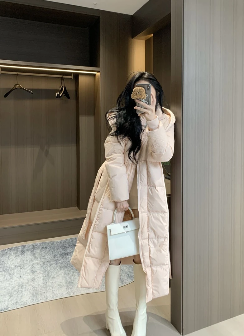 欧洲站#90鹅绒连帽披风带腰带显瘦长款