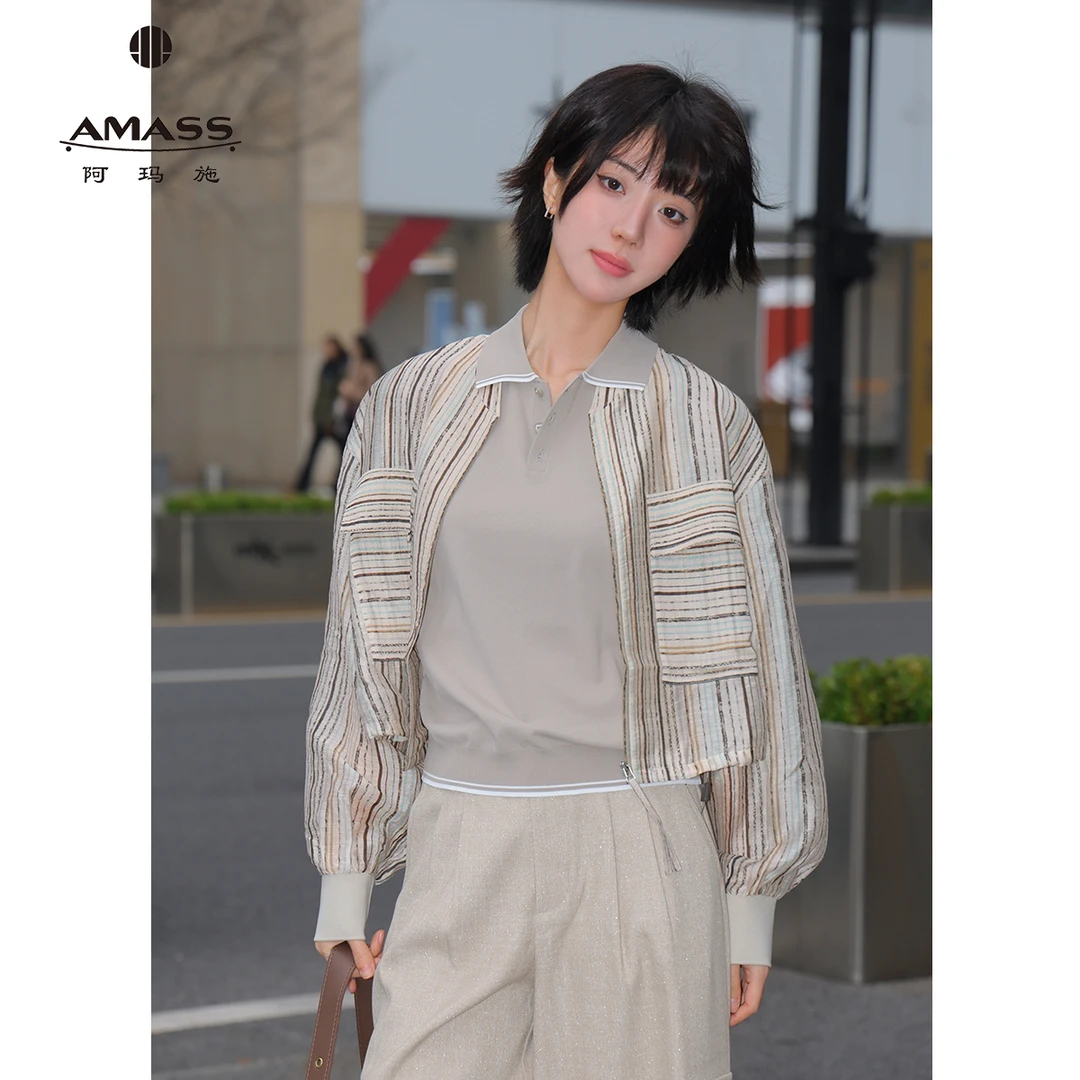 AMASS/阿玛施夏季爆款新款经典百搭气质复古条纹短款薄外套540014