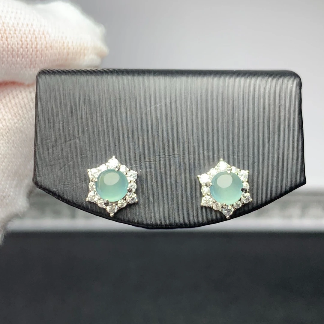 翡翠耳饰银925银天然翡翠A货冰种耳钉正品翡翠冰种耳钉礼物女