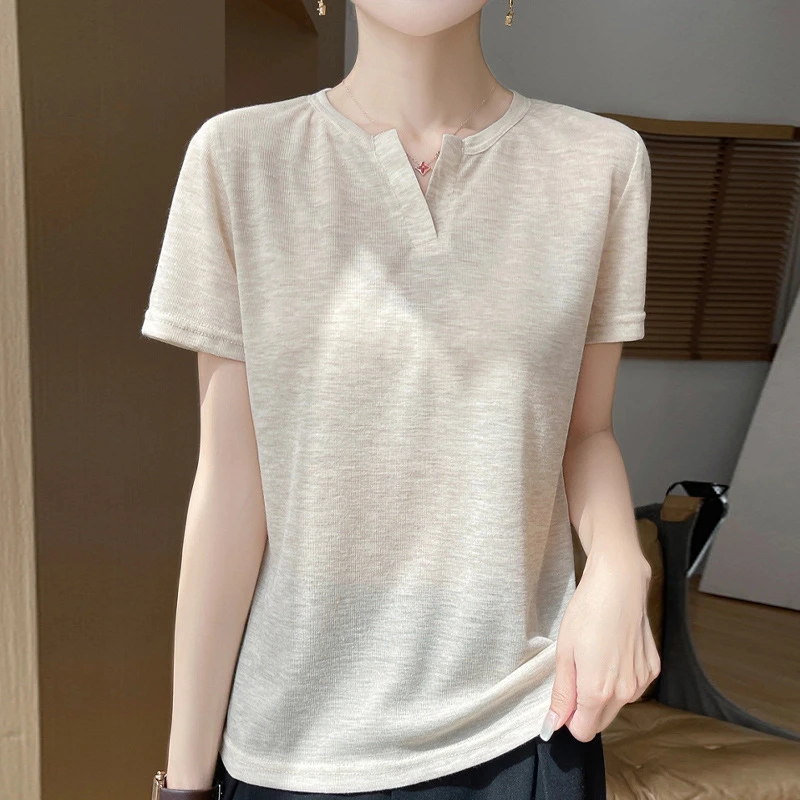 夏季新款莱赛尔天丝剪刀半开领短袖女上衣百搭显瘦打底衫内搭