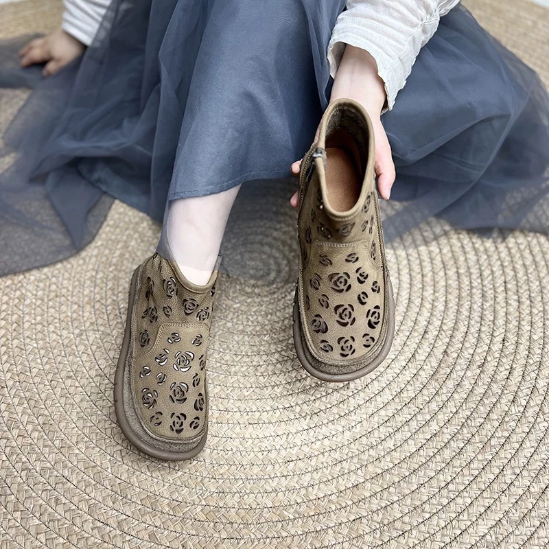 艺鞜2025年夏季新款真皮镂空平底雕花侧拉链洞洞鞋民族风休闲凉靴