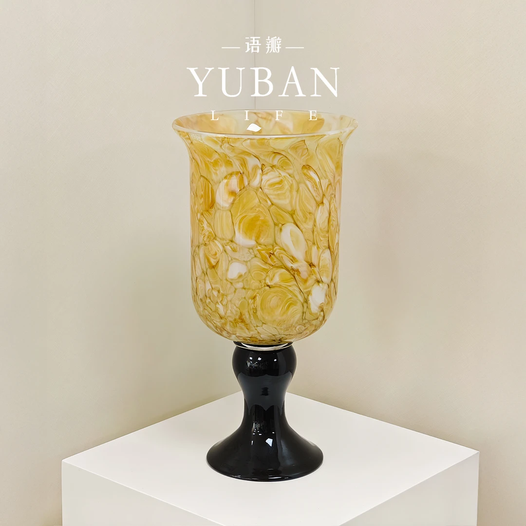 金河盏 YUBAN高脚法式复古琉璃花瓶 宽口轻奢肌理水养花器摆件