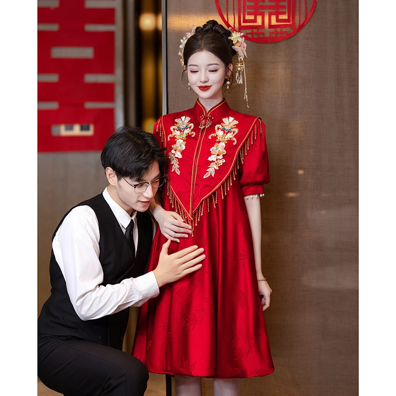 敬酒服新娘2025新款新中式旗袍孕妇胖mm大码遮肚订婚结婚礼服裙女