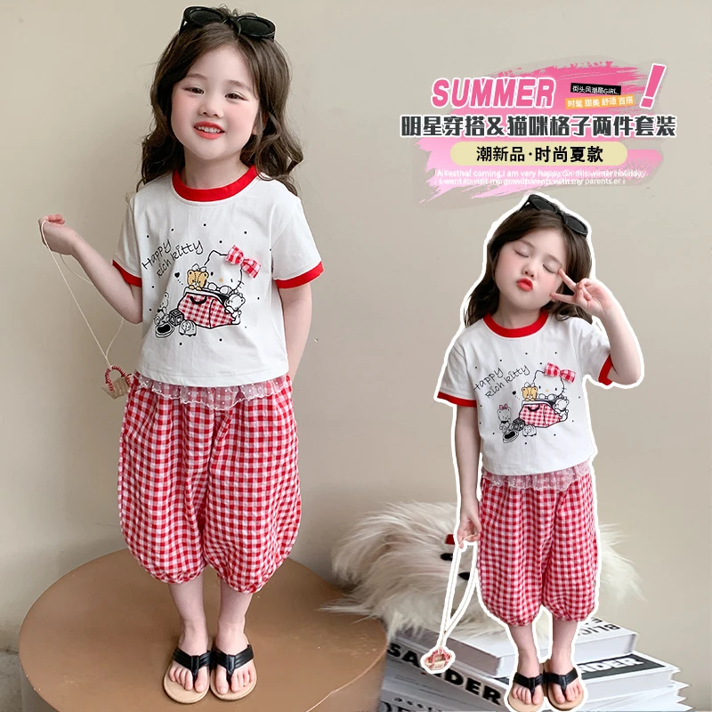 小女童套装洋气时尚舒适百搭夏款格子时髦甜美蝴蝶结休闲夏季女孩