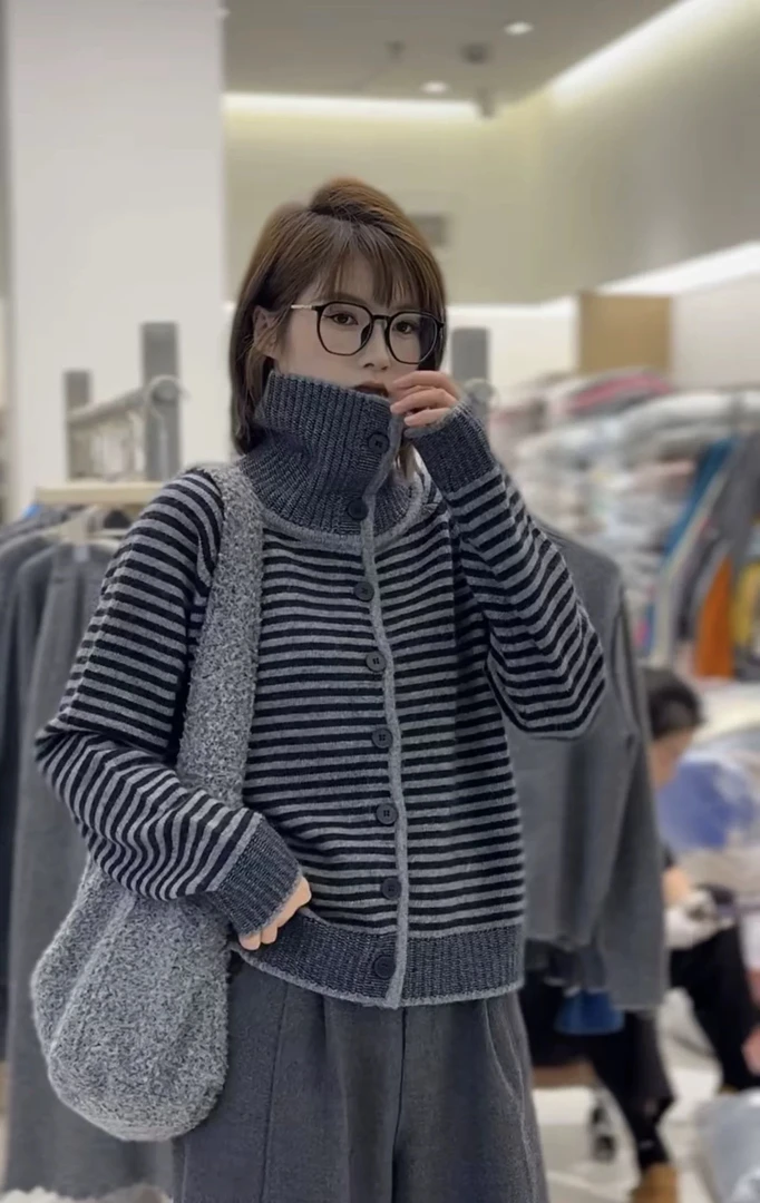 【藏青条大翻领】小个子百搭加厚慵懒宽松针织开衫女毛衣新款