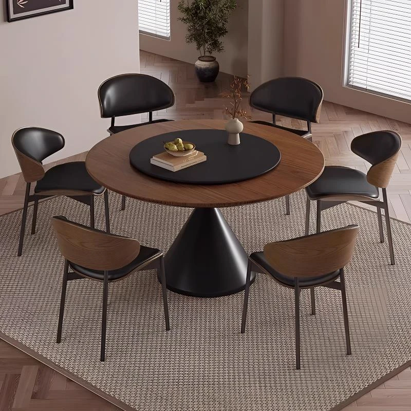 实木圆桌法式中古风餐桌高端家用小户型餐厅轻奢简约饭桌带转盘