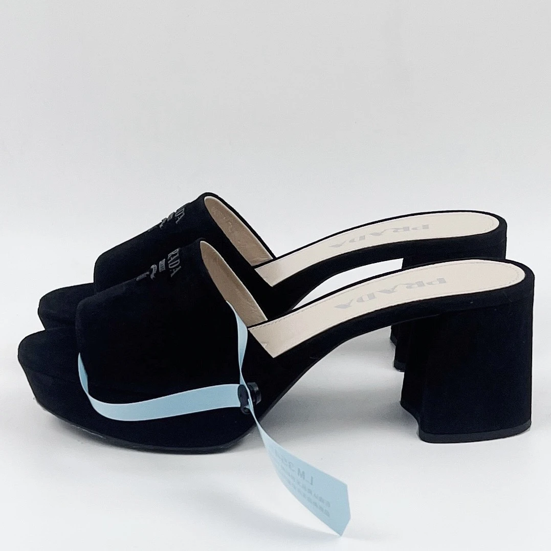 未使用 Prada/普拉达 37码 25ss黑色麂皮粗高跟凉鞋 时尚女士夏季