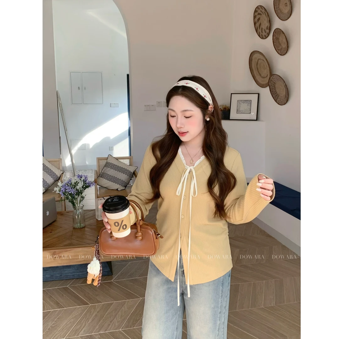 现货7821D大婉酱肉肉微胖定制【怦然心动】V领宽松休闲胸前绑带长袖