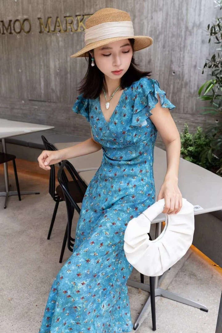 Mozch  桑蚕丝滑养肤透气荷叶花边袖显瘦女人百搭连衣裙 9