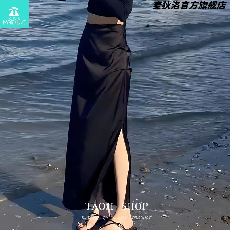 【精品】韩版气质高腰开叉半身裙女2025夏新款显瘦百搭垂感中长裙子