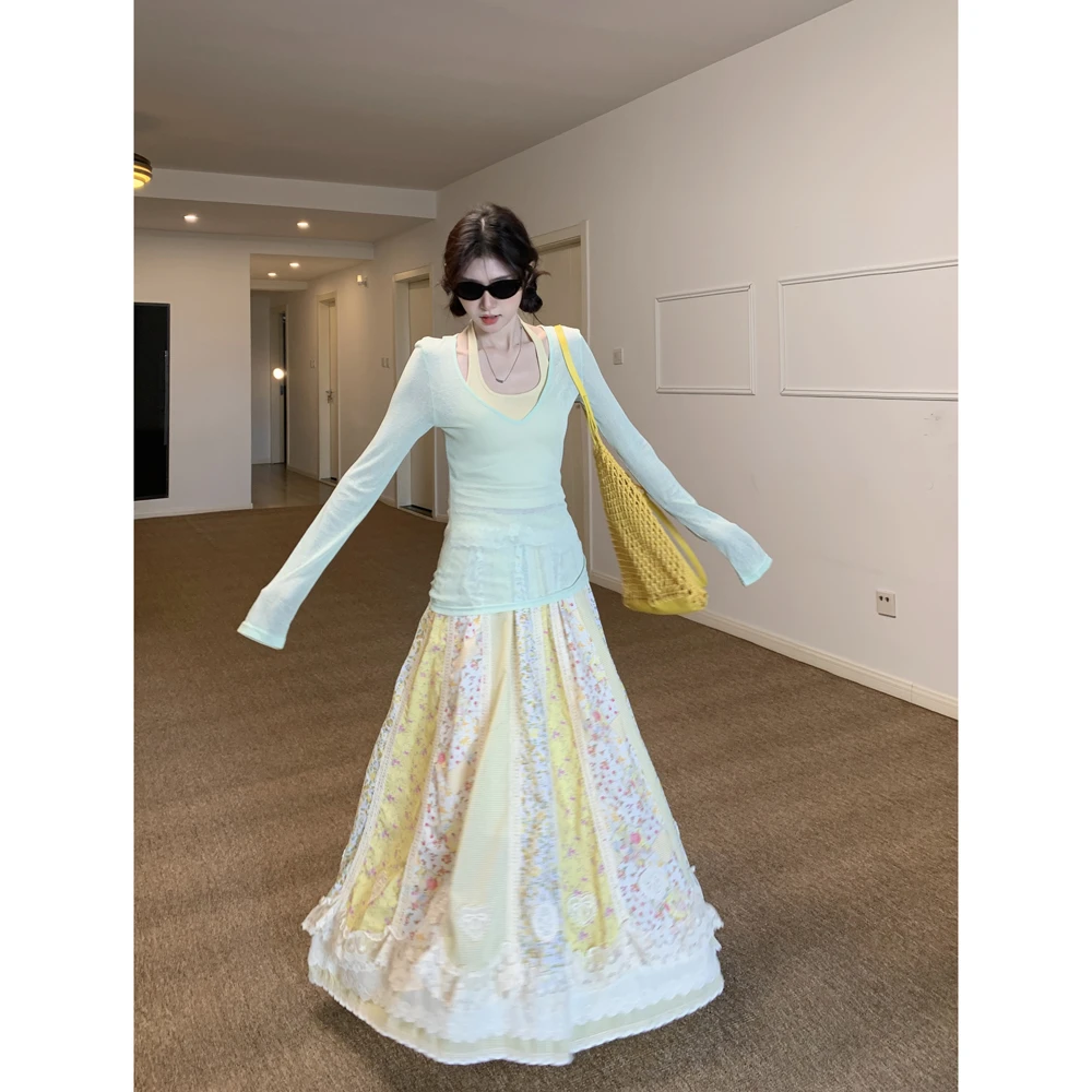 薄款正肩长袖T恤挂脖吊带背心碎花蕾丝半身裙女2025春季时尚套装