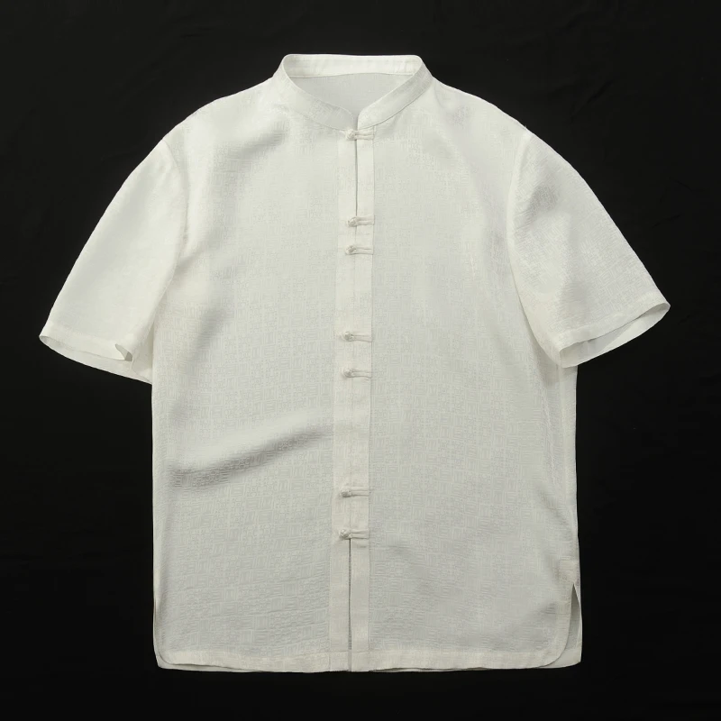 23C535【男款】春夏新款桑蚕丝提花缎短袖上衣衬衫外套