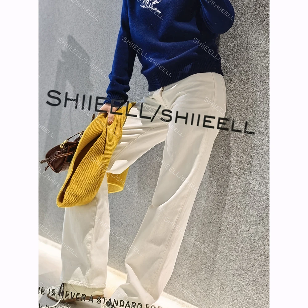 SHIIEELL【白月光】老钱风经典版型水洗棉中腰直筒白色牛仔裤Z8009