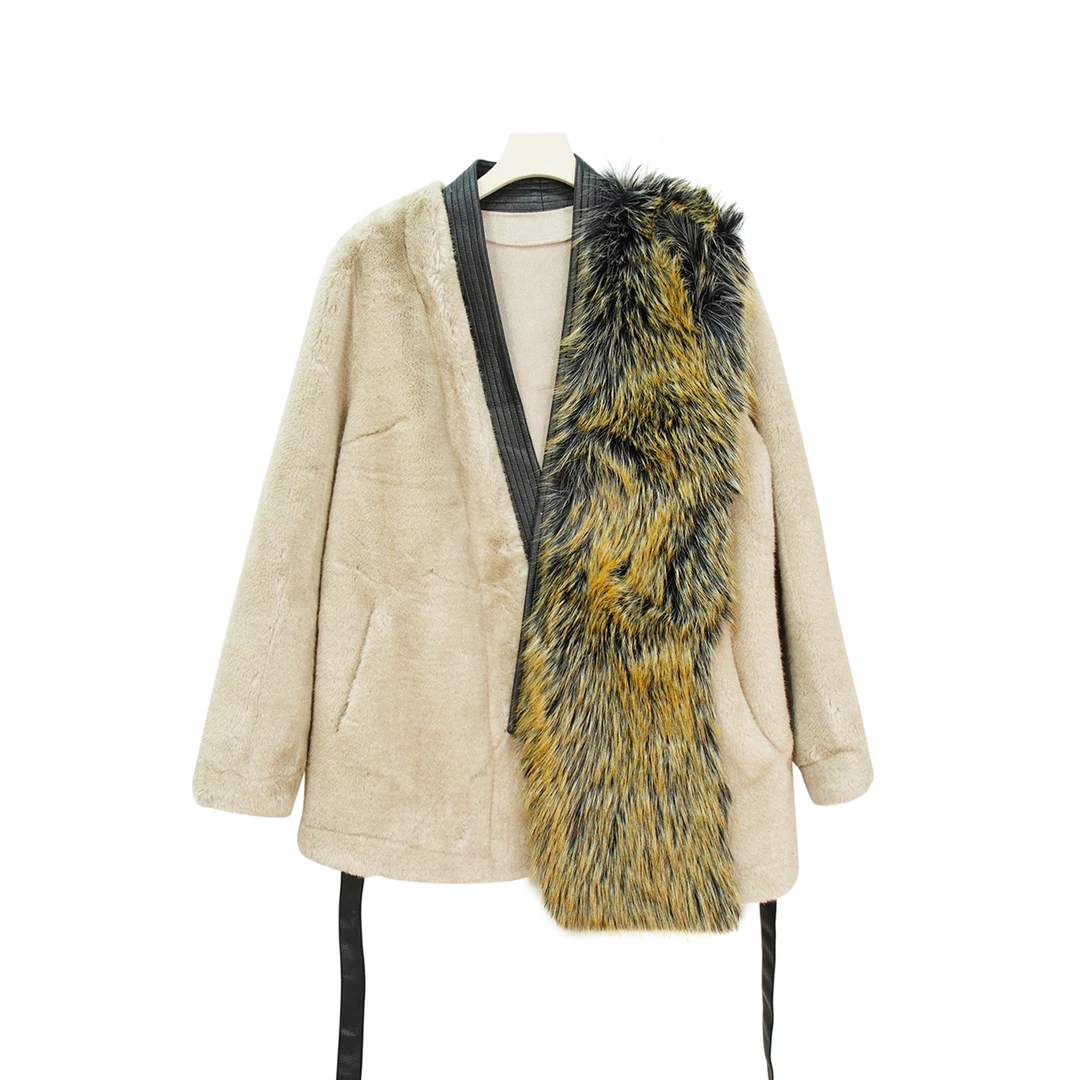 2283【爆款】法式名媛风拼接皮宽松显瘦毛茸茸外套