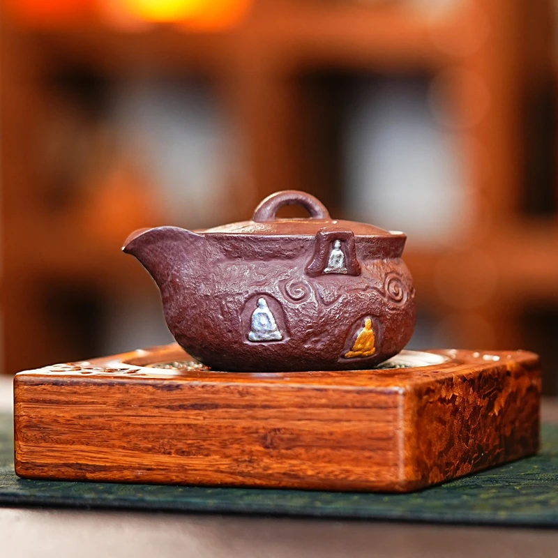 宜兴原矿紫砂紫泥全手工敦煌达摩金银祥云文创手抓壶大容量精美