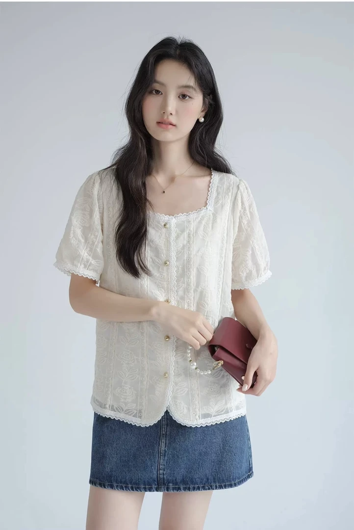 大码女装短袖衬衫女2025夏季新款重工蕾丝刺绣质感带里衬半袖上衣